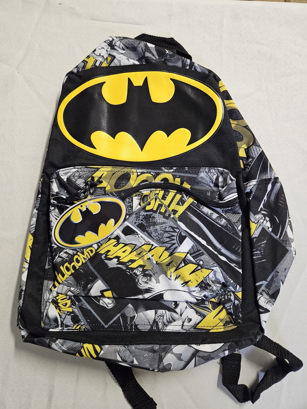 Batman Comic Print Backpack Black Yellow Logo Bookbag NWT